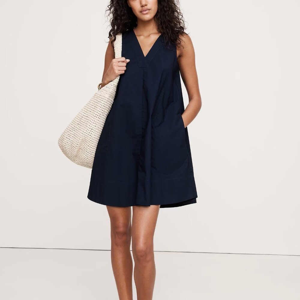 NWT Banana Republic Navy Blue Cotton Poplin Swing Mini Resort Dress Large